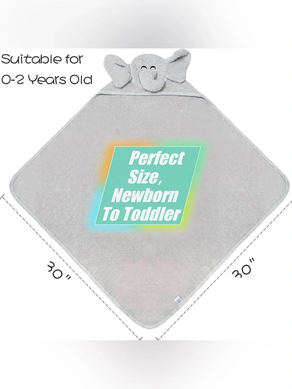 Baby Infant Elephant Hooded Terry Towel 30” x 30” - 100% Cotton New